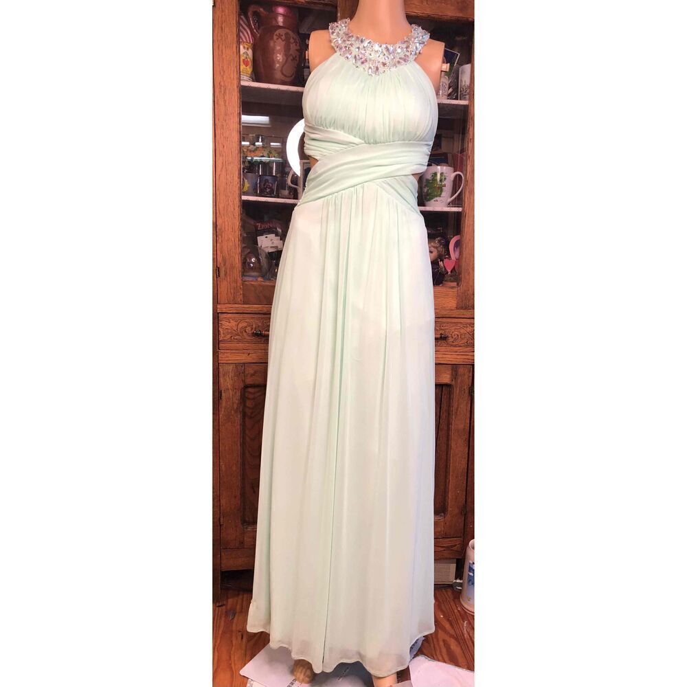 B Darlin Pale Green Halter Neck Beaded Empire Waist Formal Gown Sleeveless Dress